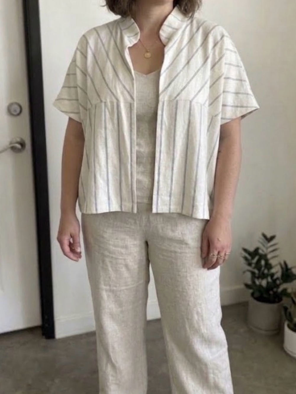 Light Cream Striped Short-Sleeve Button-Front linen Top